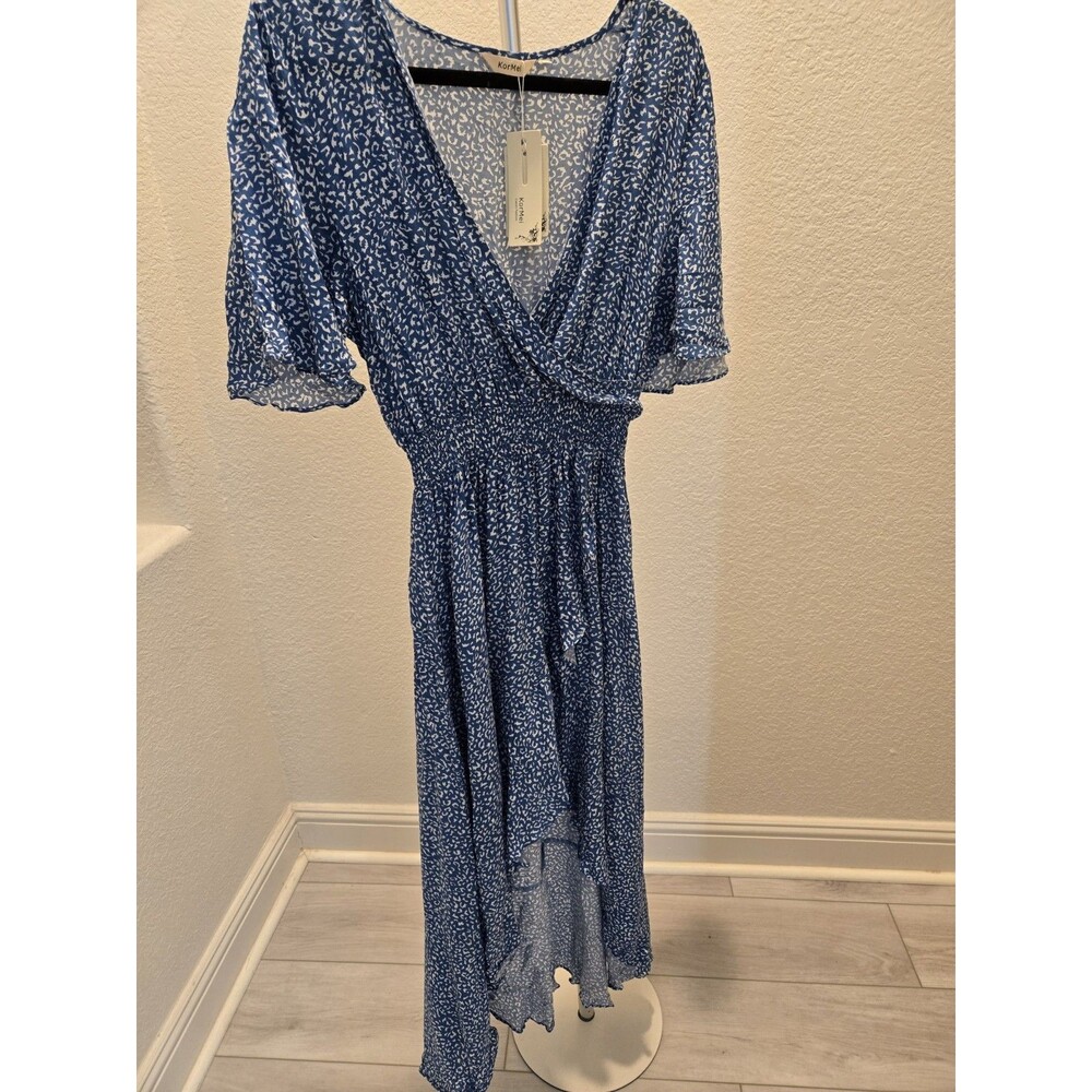 KorMei Women Blue White Leopard Faux Wrap High Low L Dress Ruffle Flutter Sleeve